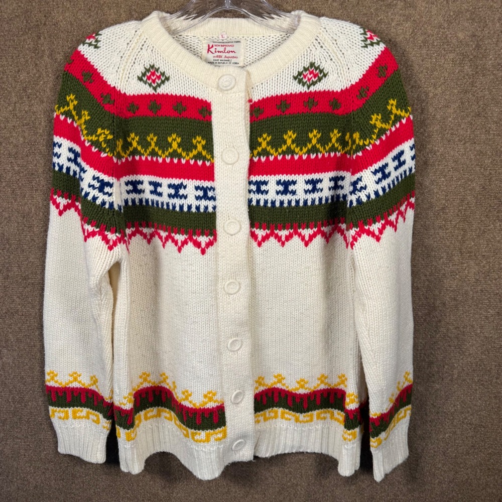 Vintage Kimlon 70s Fair Isle Nordic Cardigan Sweater Womens Size Large Cottage